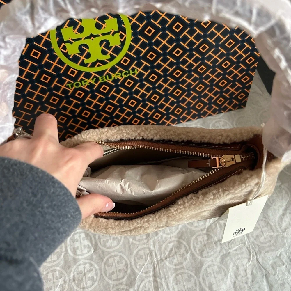 Tory Burch Emerson Shearling Shoulder Bag Fresh Wheat Gold Tan Brown Cream